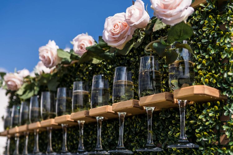 Floral champagne wall for a Tewkesbury wedding