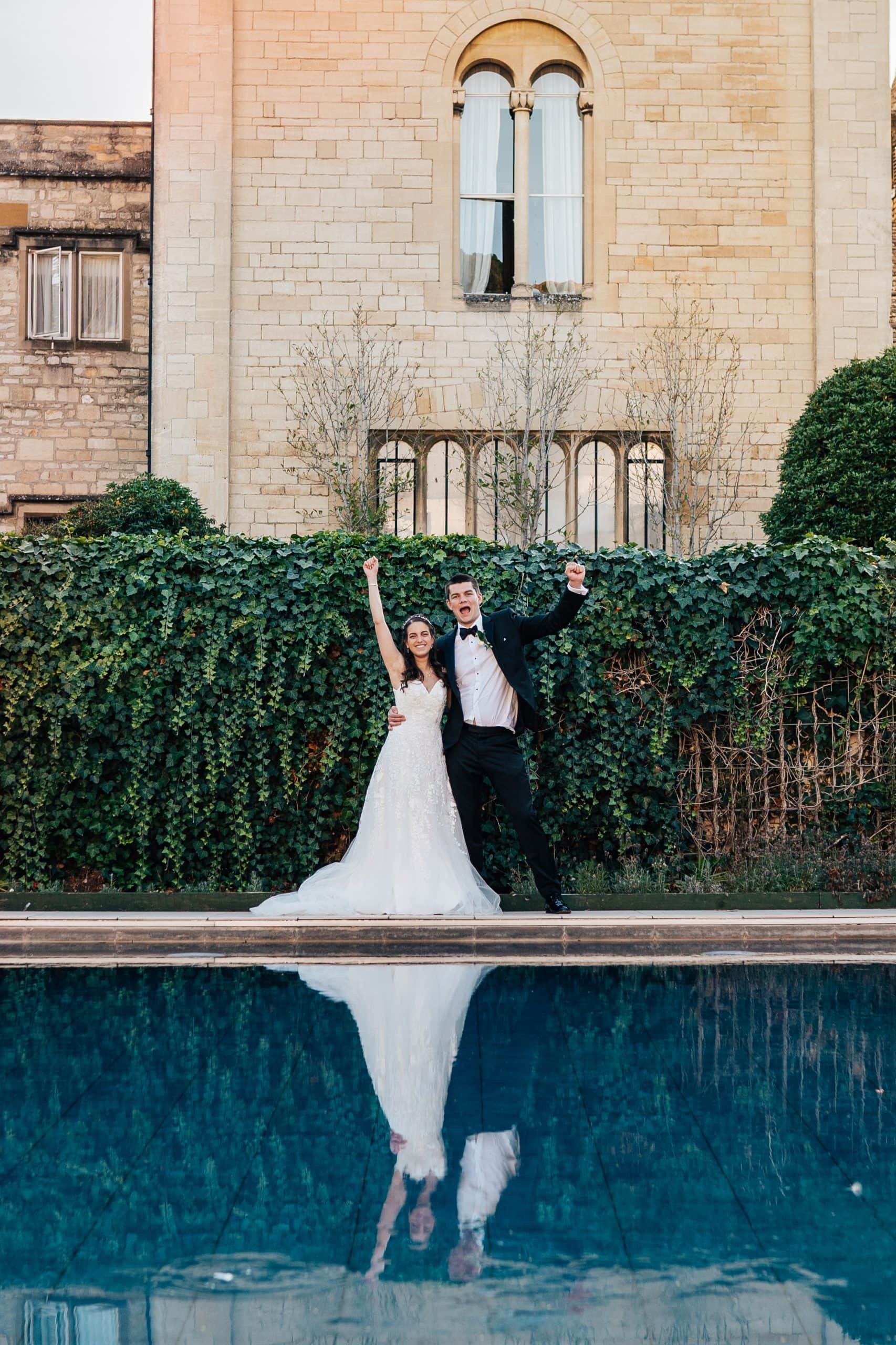 Wedding celebrations for this newlywed couple at Ellenborough Park Hotel swimming pool